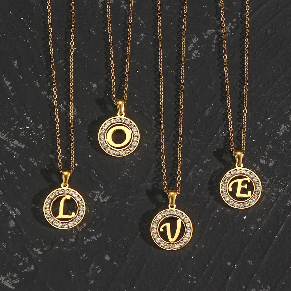 Ebbelle oco redondo zircão pavimentado 26 alfabeto inicial colar senhoras elegante presente de aniversário 18k banhado a ouro carta colar