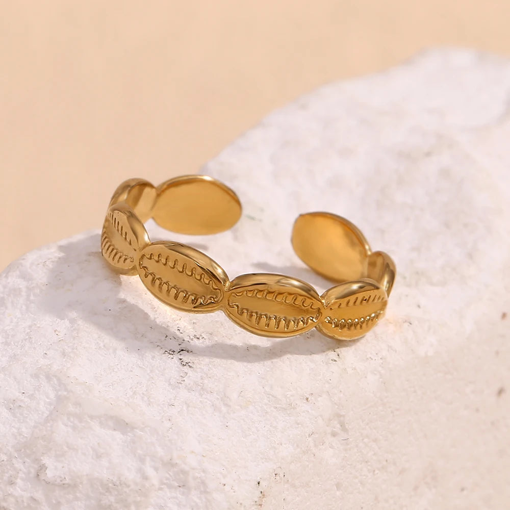 E.B. Belle-impermeável aço inoxidável Shell anéis, anéis básicos minimalistas, 18K banhado a ouro, tamanho aberto
