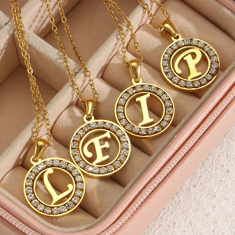 Ebbelle oco redondo zircão pavimentado 26 alfabeto inicial colar senhoras elegante presente de aniversário 18k banhado a ouro carta colar