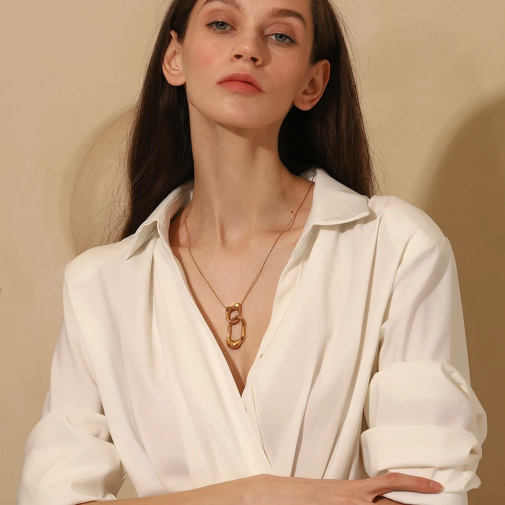 Ebbelle 18K banhado a ouro overlength irregular duplo círculo pingente colar de aço inoxidável suéter corrente joias femininas