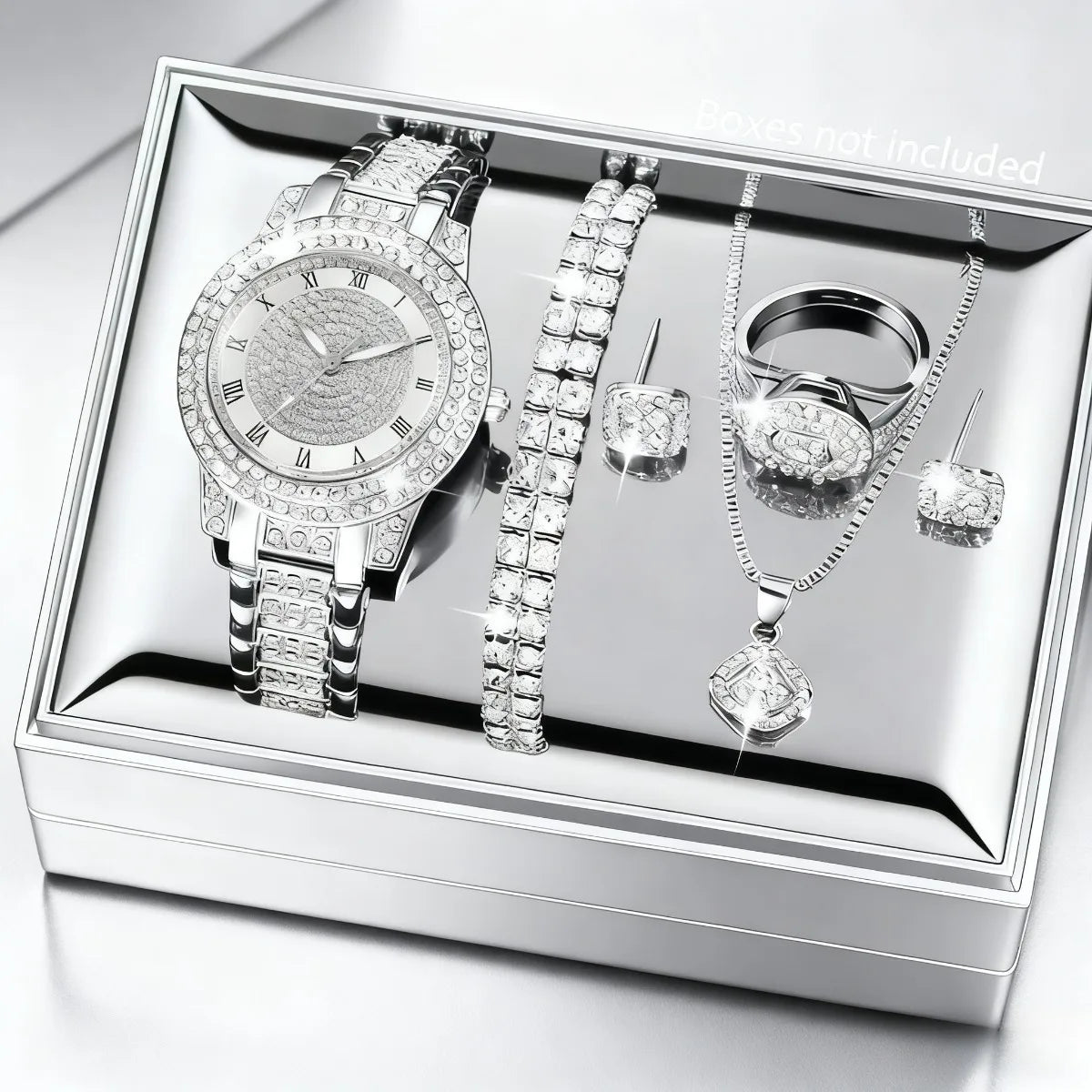 Conjunto exclusivo 5 peças, Relógio + Joias Cravejado de Diamantes.
