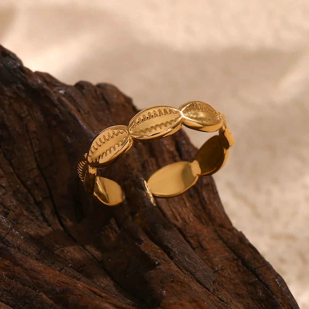 E.B. Belle-impermeável aço inoxidável Shell anéis, anéis básicos minimalistas, 18K banhado a ouro, tamanho aberto