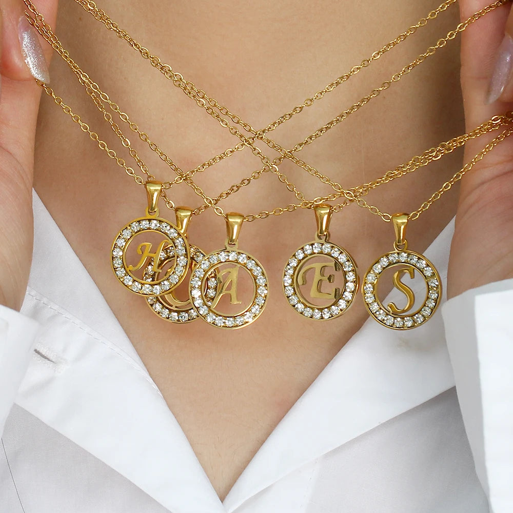 Ebbelle oco redondo zircão pavimentado 26 alfabeto inicial colar senhoras elegante presente de aniversário 18k banhado a ouro carta colar