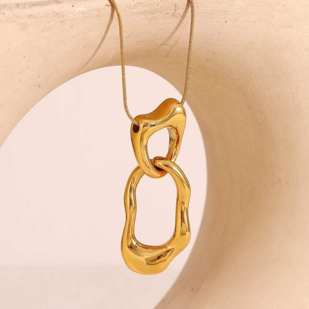 Ebbelle 18K banhado a ouro overlength irregular duplo círculo pingente colar de aço inoxidável suéter corrente joias femininas