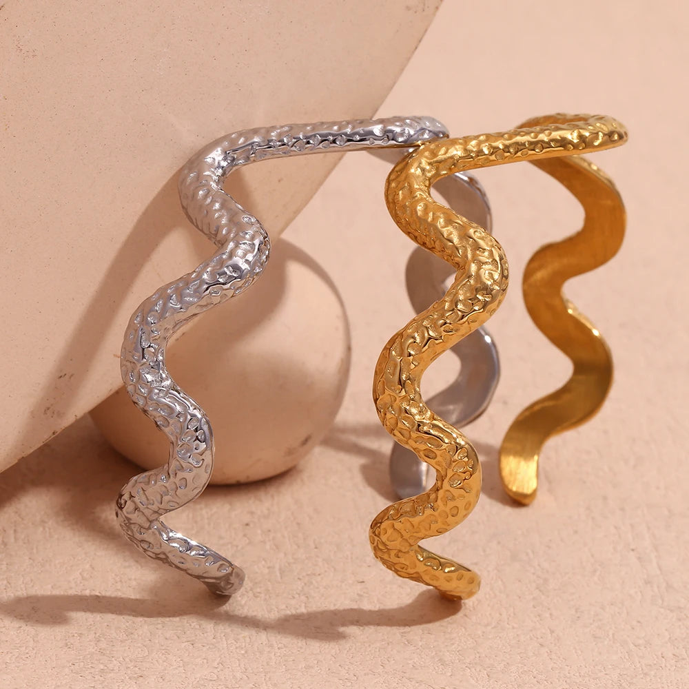 E.B.belle Beat Padrão em forma de cobra pulseira aberta à prova d'água joias banhadas a ouro 18K pulseira de aço inoxidável 316L