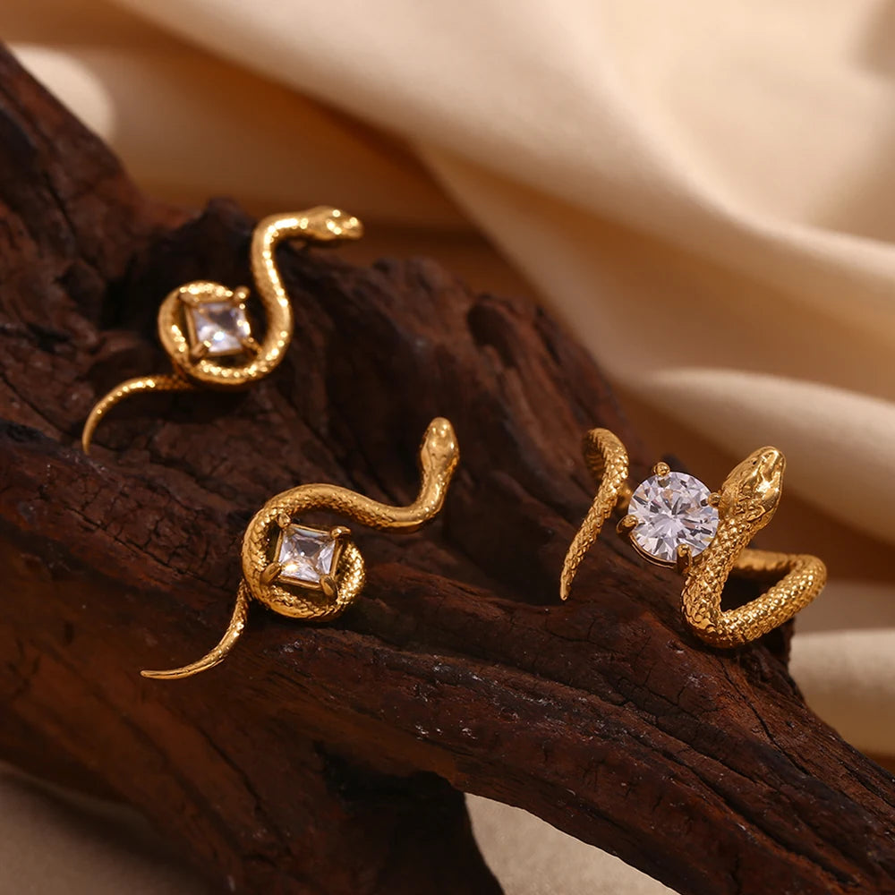 E.B. Belle-Square Zircon Plate Snake Shaped Ring, Decoração Banhada a Ouro 18K, Acessórios de Aço Inoxidável 316L