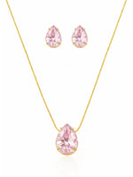 Conjunto colar e brinco folheado a ouro 18 k gota cristal rosa