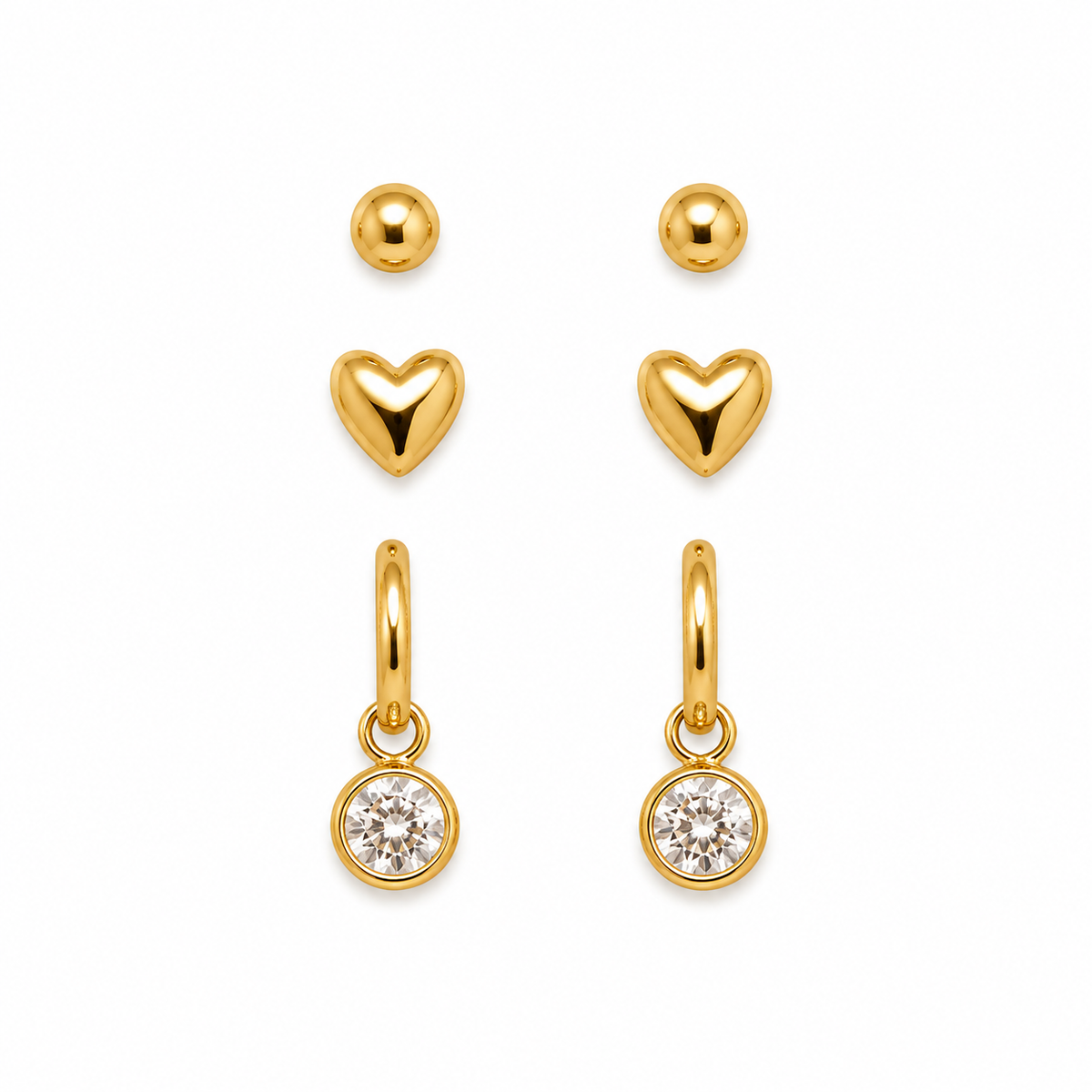 Trio de Brinco Folheado a Ouro 18K Esfera, Coração e Ponto de Luz
