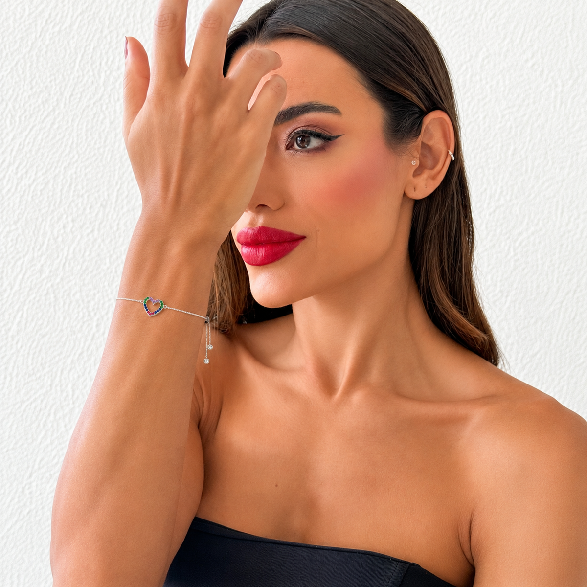 Pulseira folheada a Prata 925 Coração Vazado com Micro Zircônia Colorido