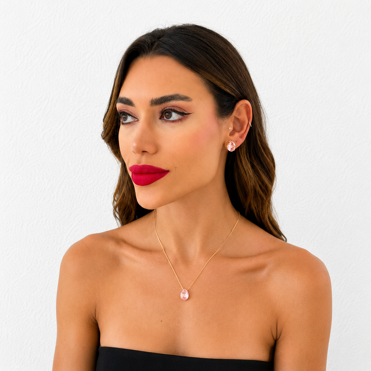 Conjunto colar e brinco folheado a ouro 18 k gota cristal rosa