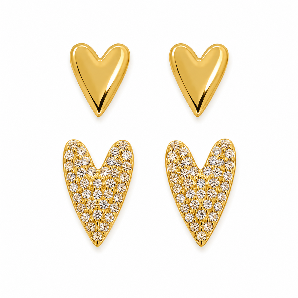 Brinco Duplo Folheado a Ouro 18K Coração Liso e Cravejado