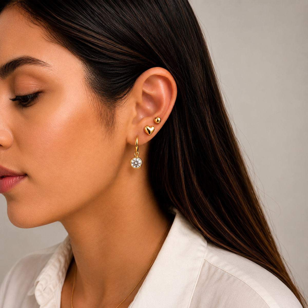 Trio de Brinco Folheado a Ouro 18K Esfera, Coração e Ponto de Luz