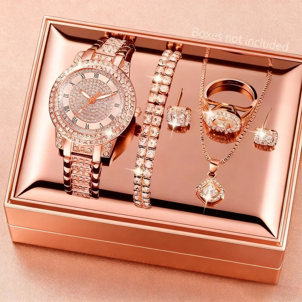 Conjunto  exclusivo 5 peças, Relógio + Joias Cravejado de Diamantes.