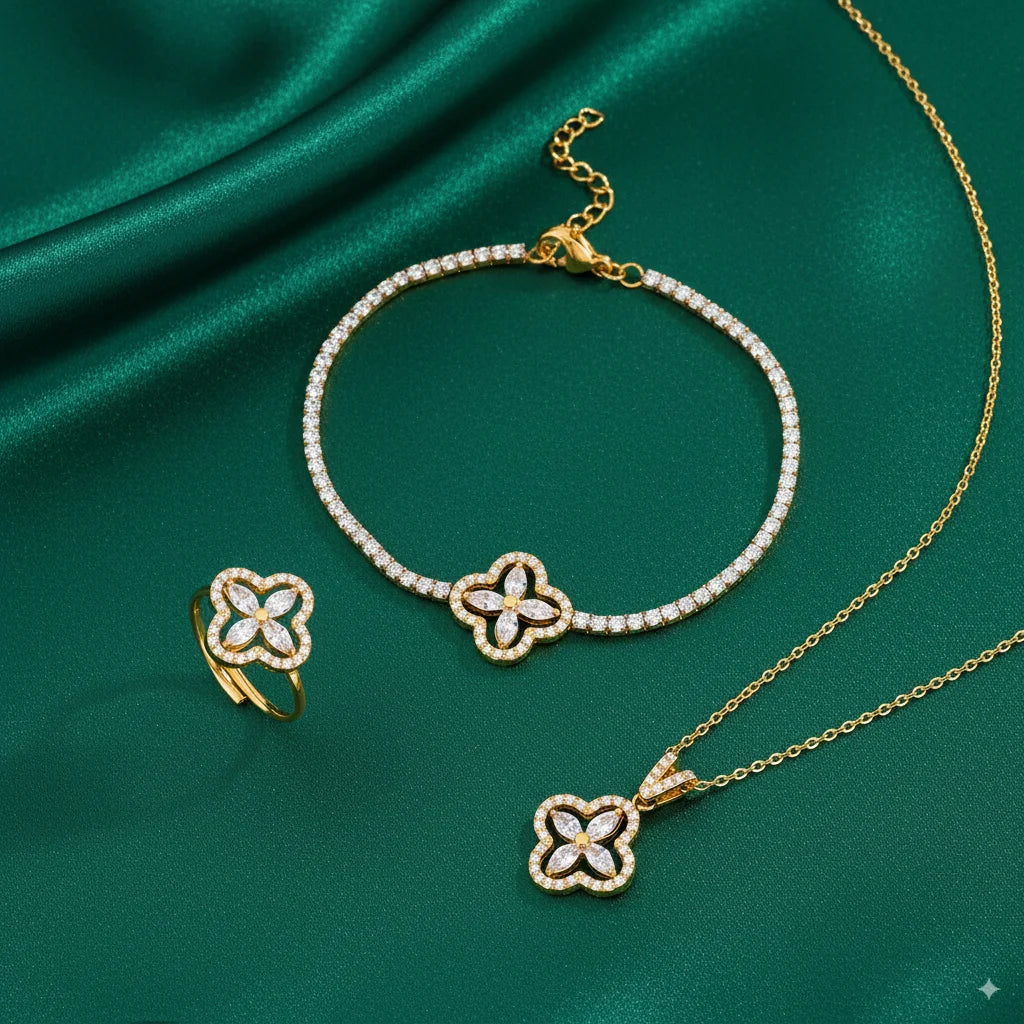 Conjunto Trevo 4 Folhas com Brilhantes VcChic
