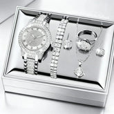 Conjunto  exclusivo 5 peças, Relógio + Joias Cravejado de Diamantes.