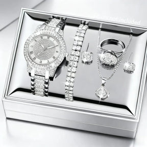 Conjunto  exclusivo 5 peças, Relógio + Joias Cravejado de Diamantes.