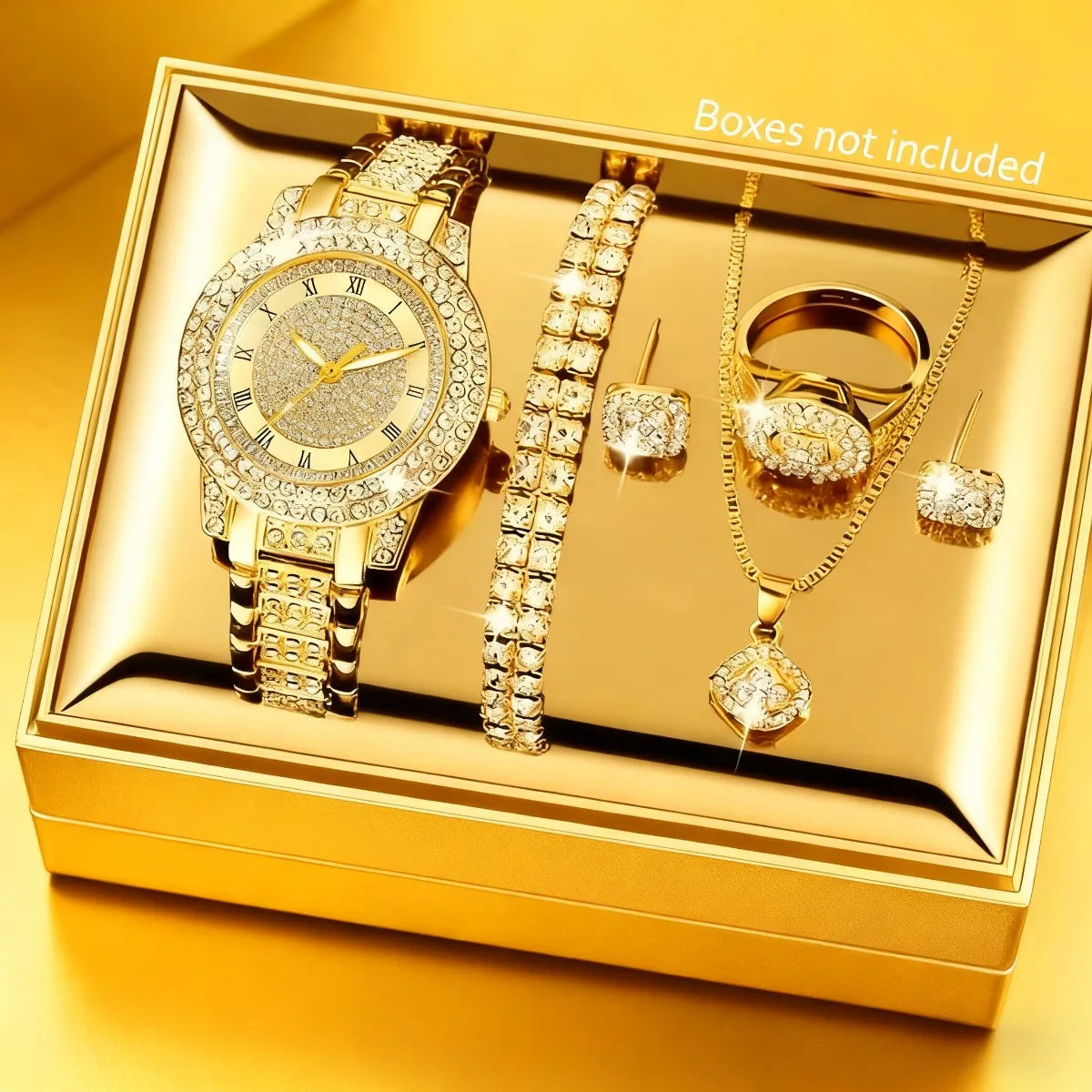 Conjunto  exclusivo 5 peças, Relógio + Joias Cravejado de Diamantes.