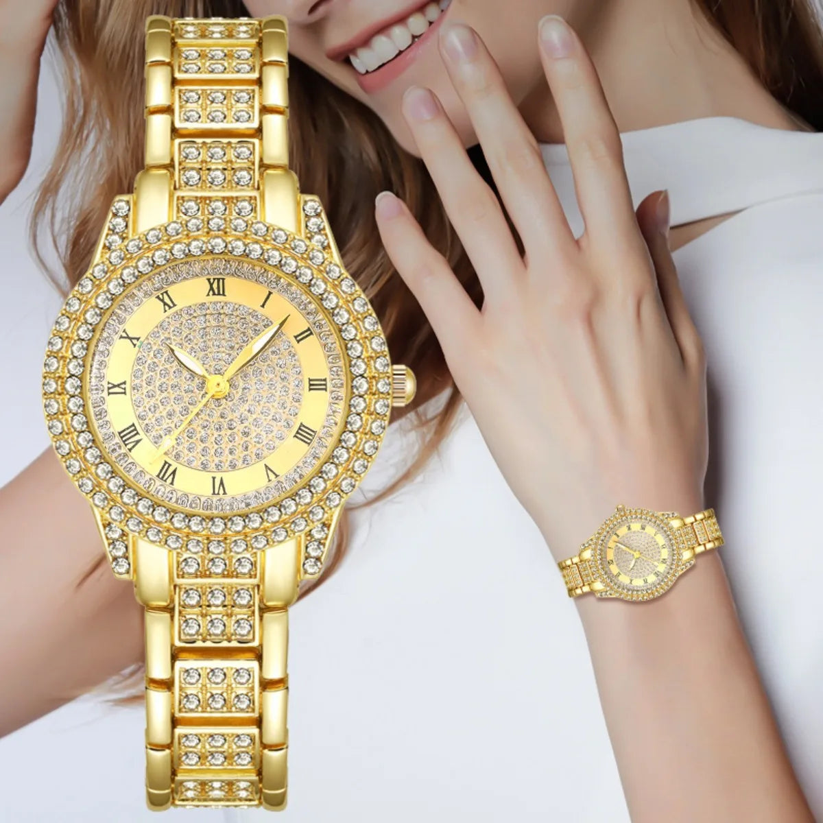 Conjunto  exclusivo 5 peças, Relógio + Joias Cravejado de Diamantes.
