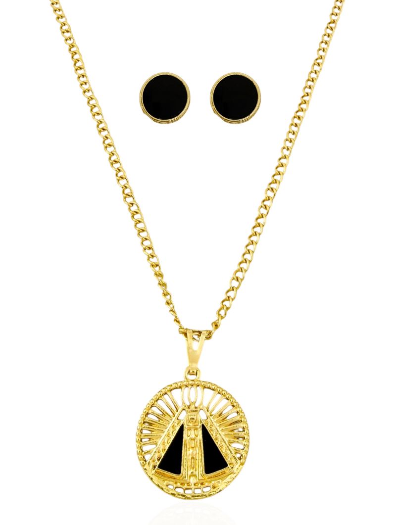 Conjunto colar e brinco folheado a ouro 18 k pai nosso Resinado