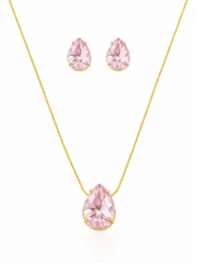 Conjunto colar e brinco folheado a ouro 18 k gota cristal rosa