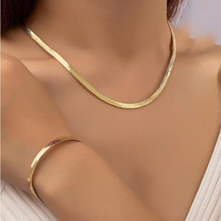 Conjunto Feminino Colar de Osso de Cobra Laminado e Pulseira Corrente Banhados a Ouro 18k Elegância