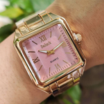 Nova moda feminina relógio quadrado ouro laranja prata