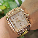 Nova moda feminina relógio quadrado ouro laranja prata