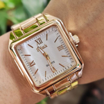 Nova moda feminina relógio quadrado ouro laranja prata