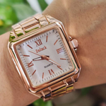 Nova moda feminina relógio quadrado ouro laranja prata