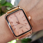 Nova moda feminina relógio quadrado ouro laranja prata