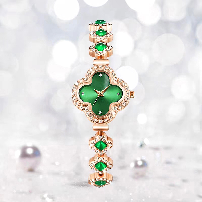 Relógio Feminino Chic Luxo Leve | Estilo Trevo de Quatro Folhas com Inlays de Rubi e Diamantes - Modelo 1834